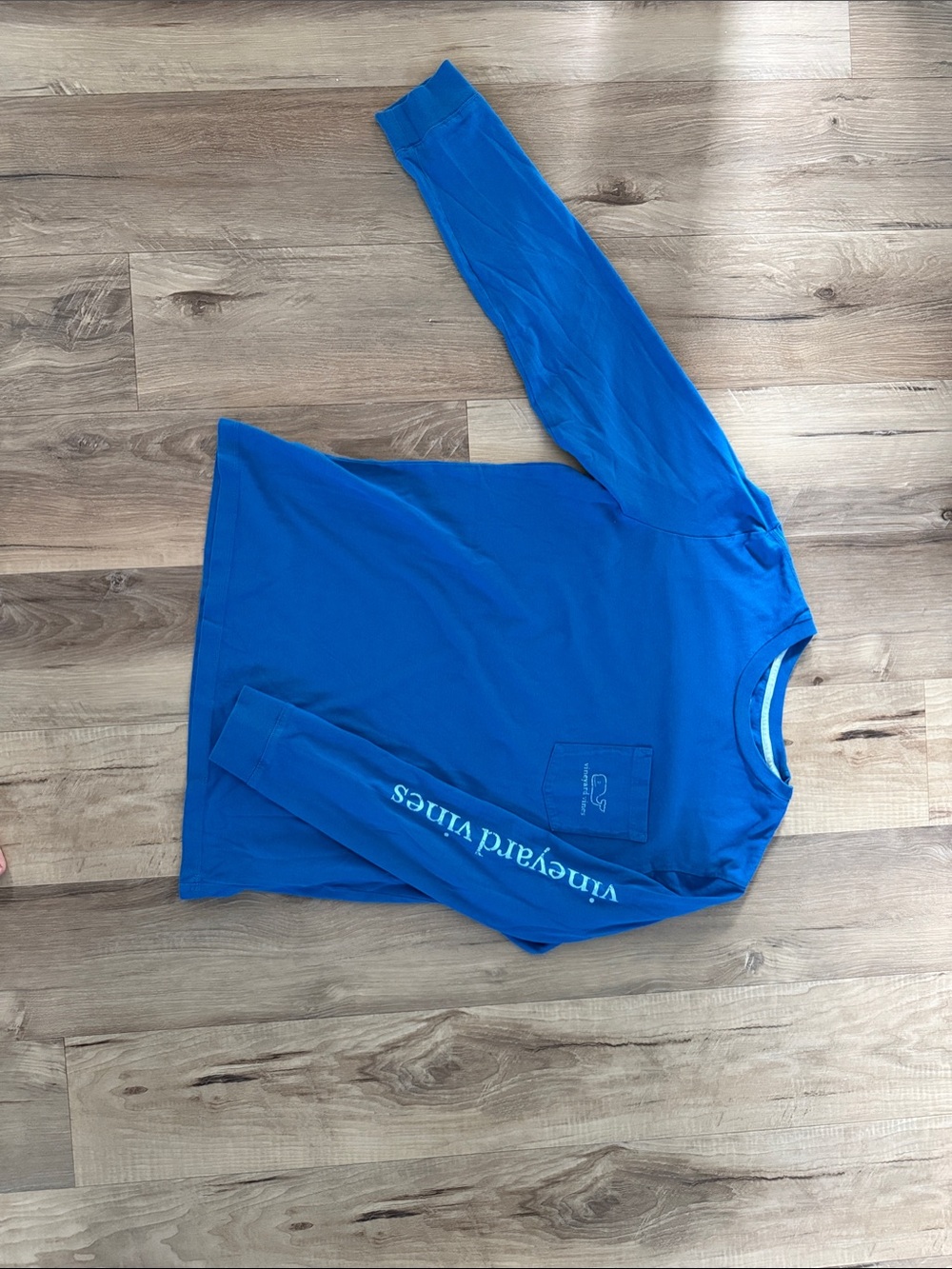 Vineyard Vines Bright Blue Long Sleeve Pocket Tee with Sleeve Script